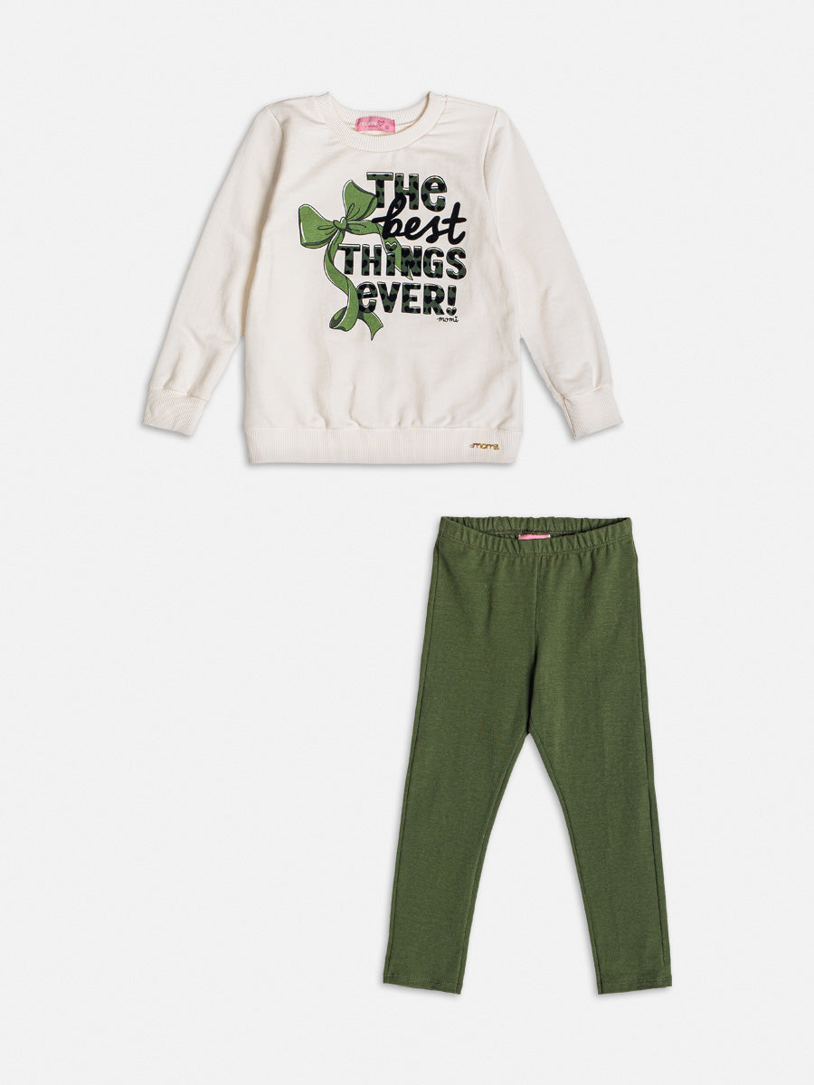Conjunto Infantil Momi Inverno Calça Verde e Moletom Sem Flanela Lacinho