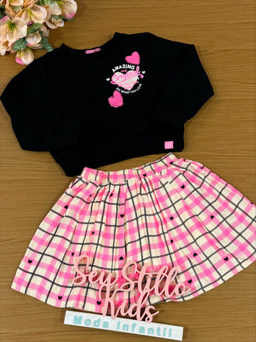 Conjunto Infantil Momi Inverno Saia Xadrez e Moletom Love