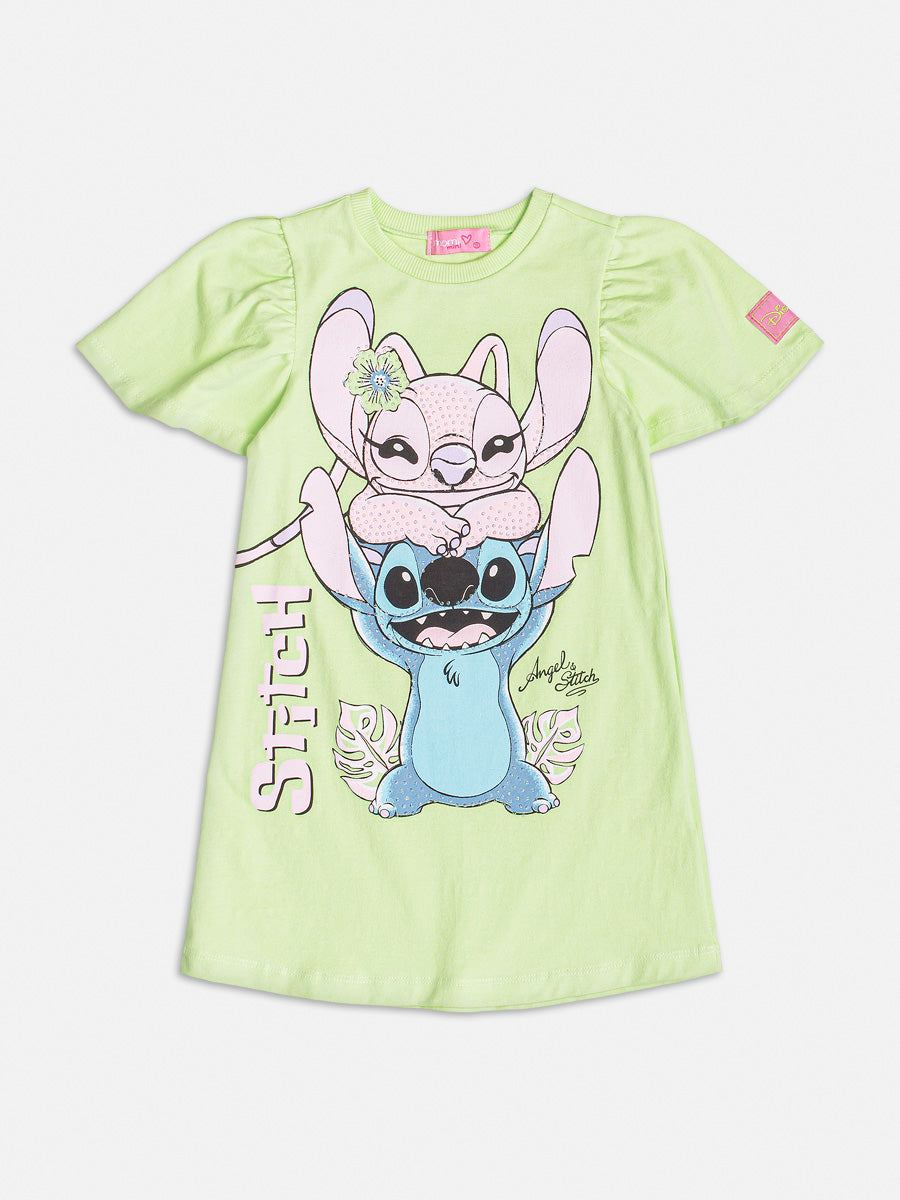 Vestido Infantil Momi Verão Verde Stitch e Angel