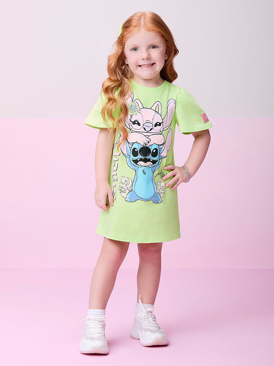 Vestido Infantil Momi Verão Verde Stitch e Angel
