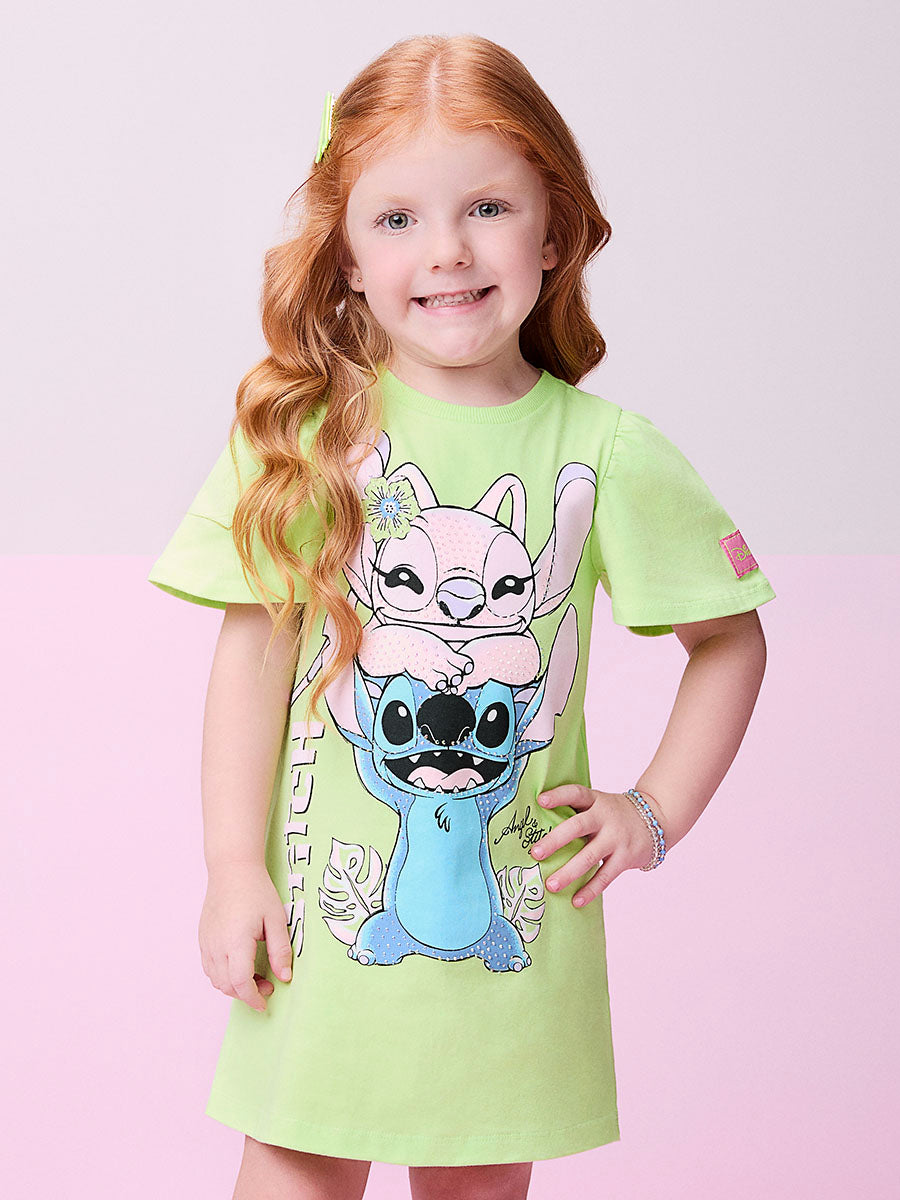 Vestido Infantil Momi Verão Verde Stitch e Angel