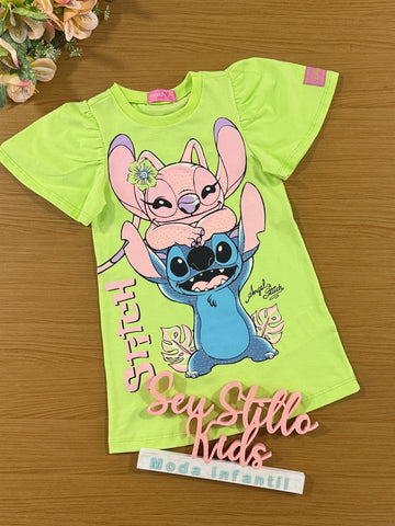 Vestido Infantil Momi Verão Verde Stitch e Angel