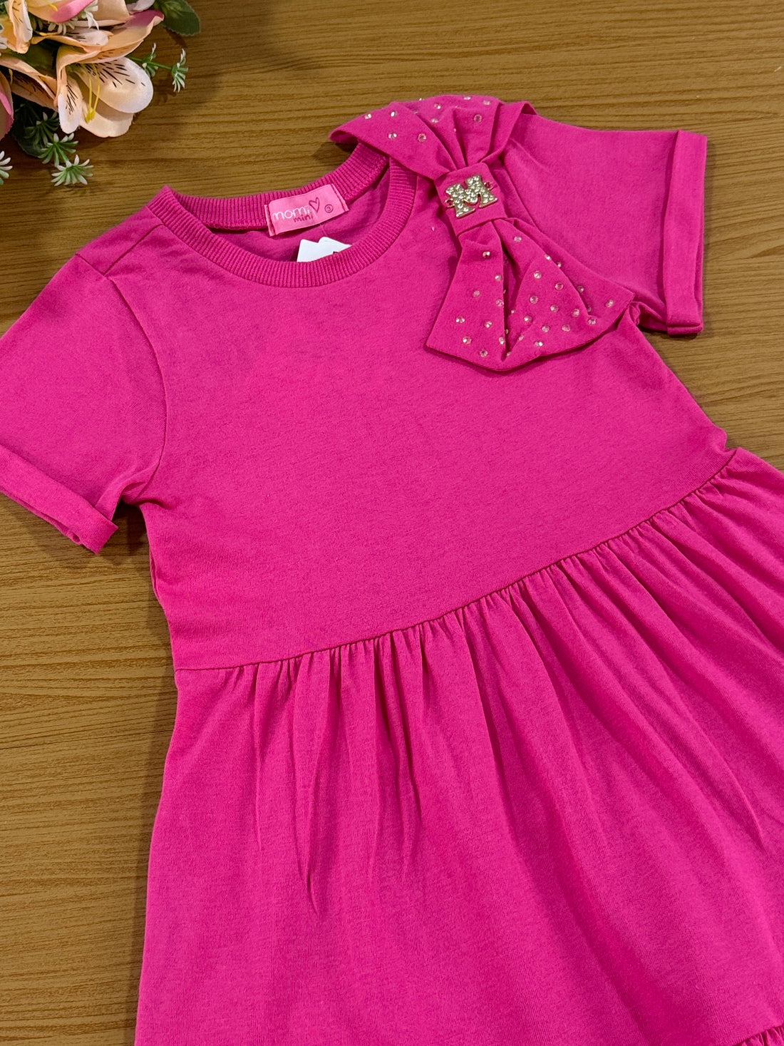 Vestido Infantil Momi Verão Rosa com Laço Strass
