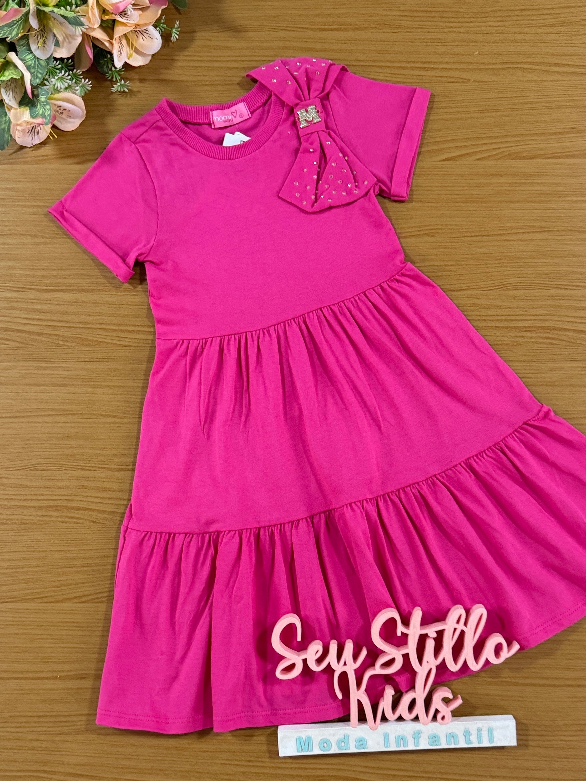 Vestido Infantil Momi Verão Rosa com Laço Strass
