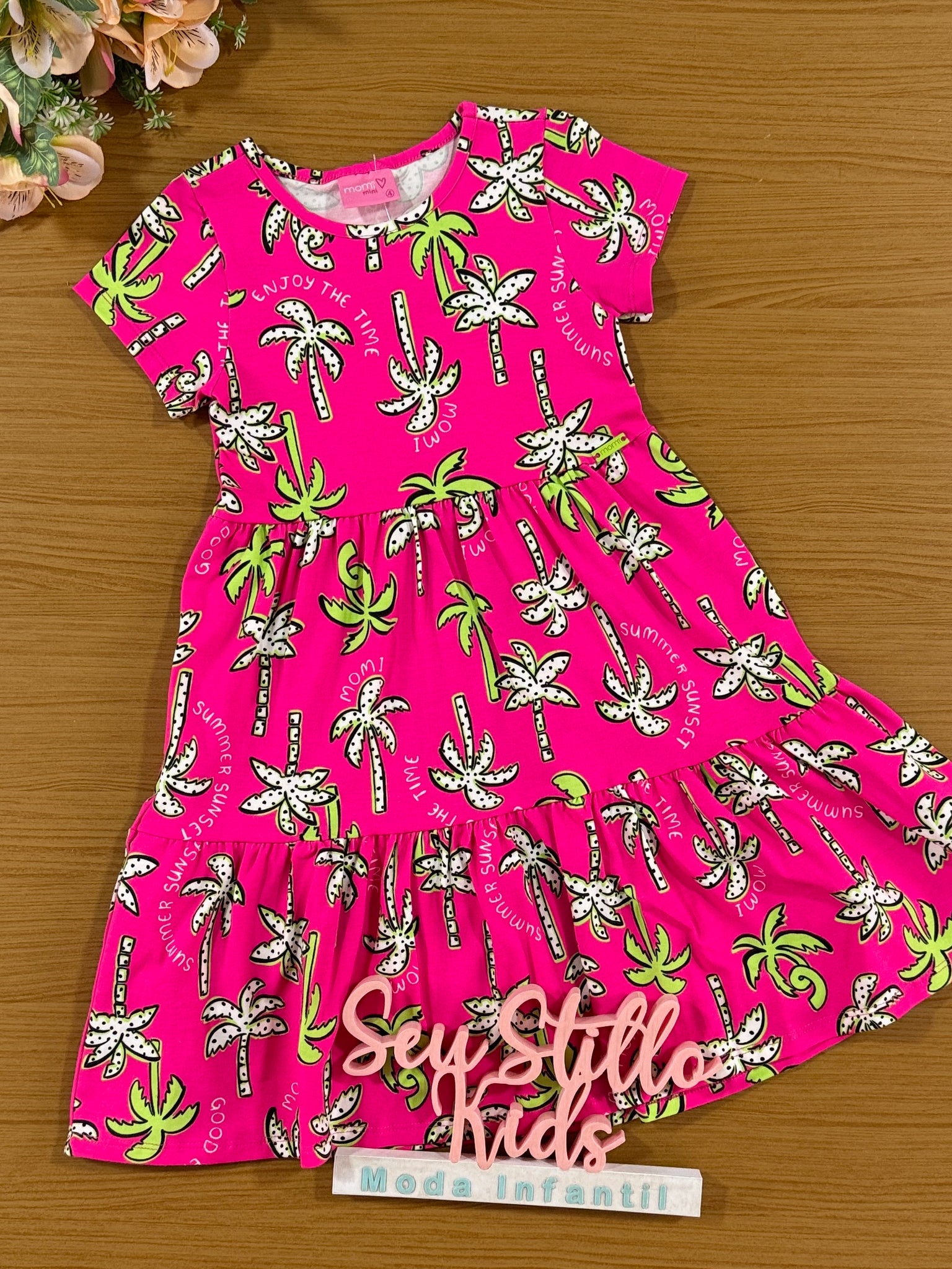Vestido Infantil Momi Verão Rosa Coqueiros