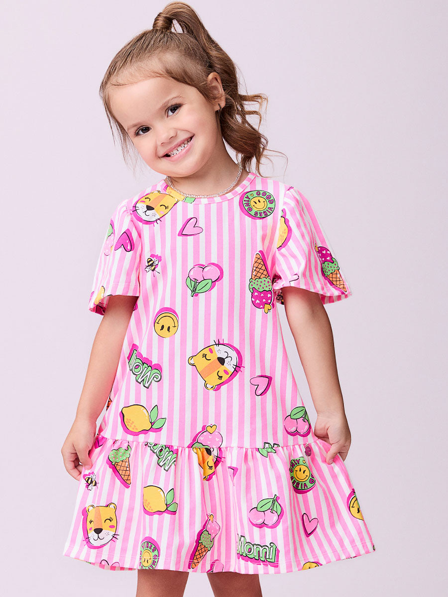 Vestido Infantil Momi Verão Rosa Listrado