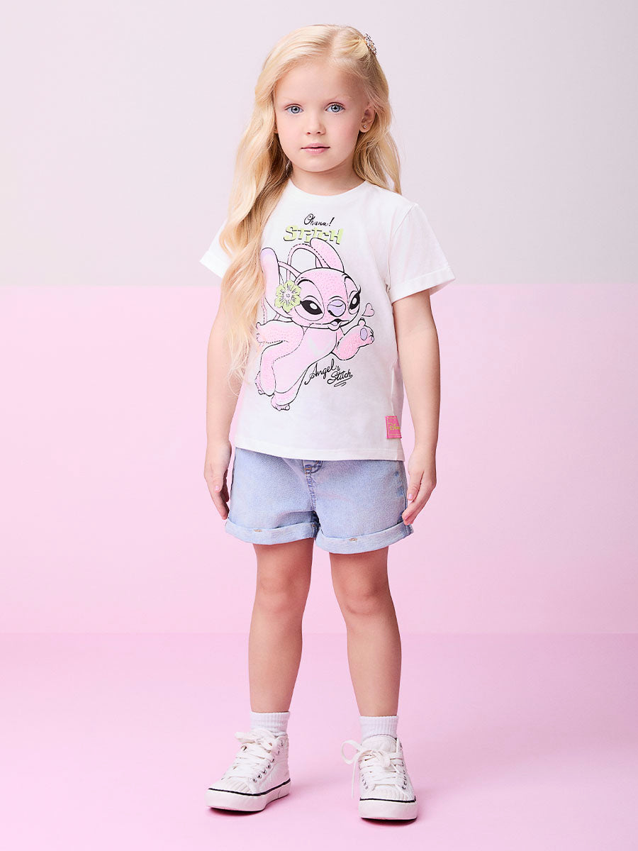 Conjunto Infantil Momi Verão Shorts Jeans Verde e Blusa Angel Stitch