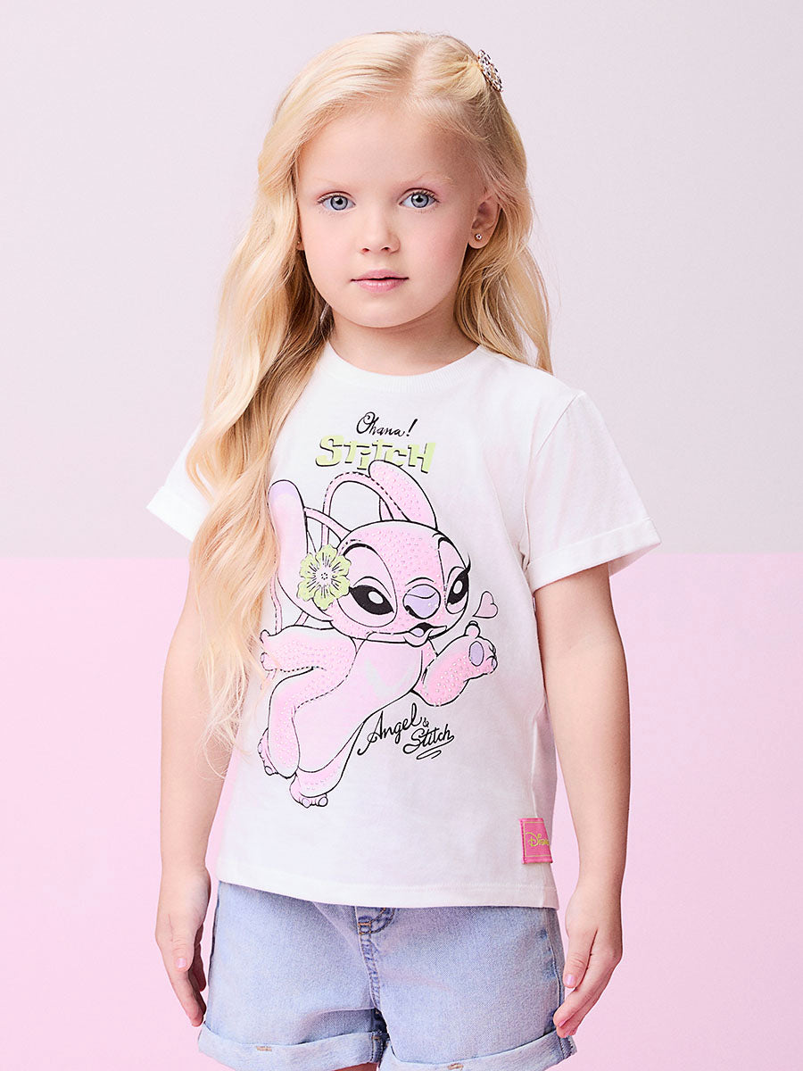 Conjunto Infantil Momi Verão Shorts Jeans Verde e Blusa Angel Stitch