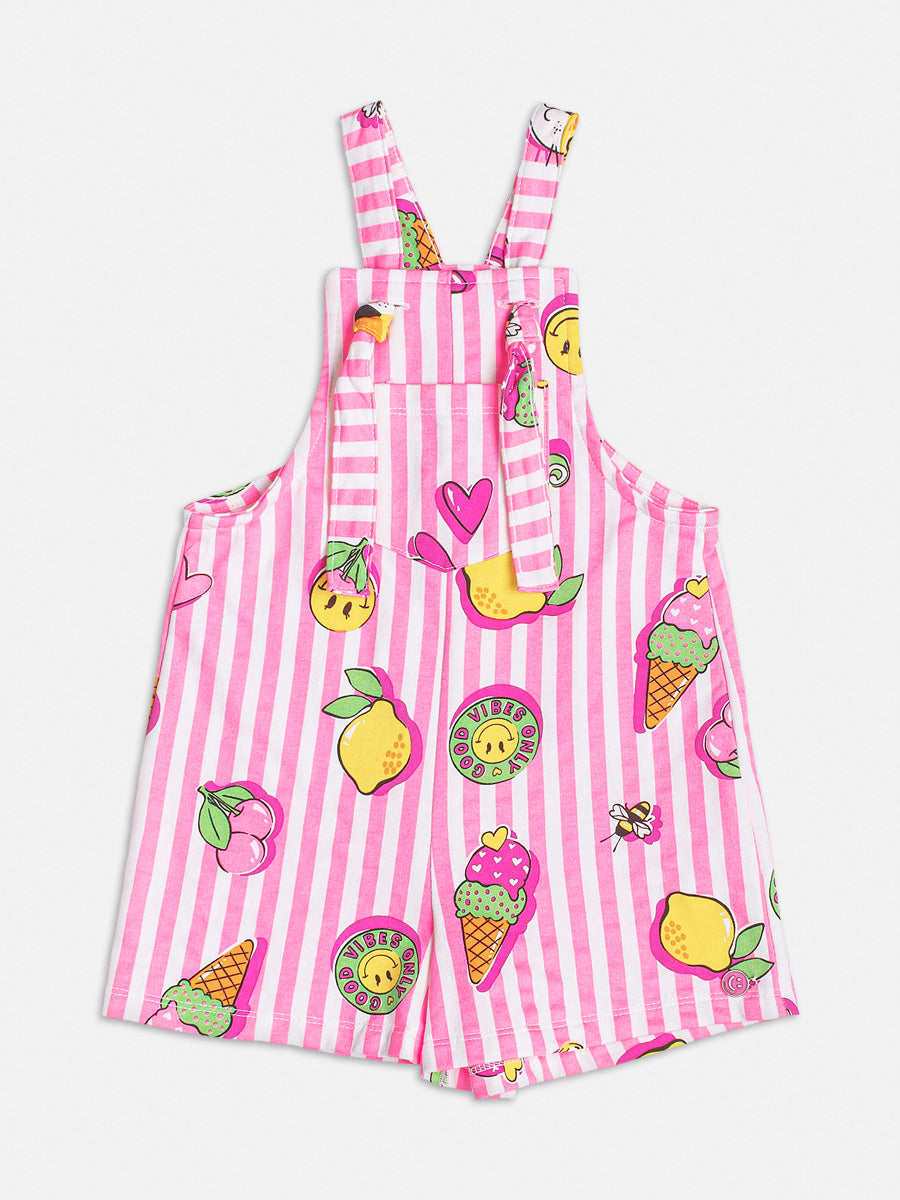 Jardineira Infantil Momi Verão Rosa Listrada Icones com Blusa