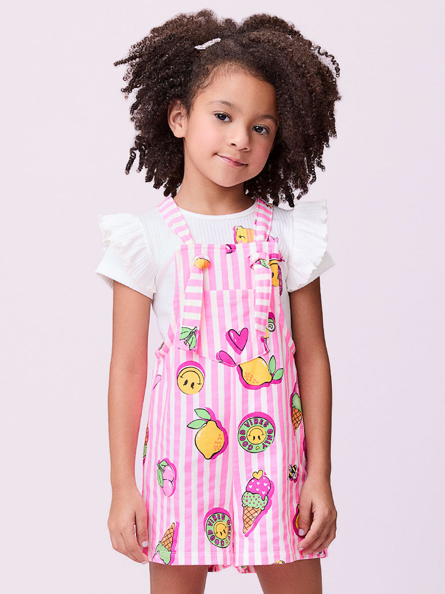 Jardineira Infantil Momi Verão Rosa Listrada Icones com Blusa