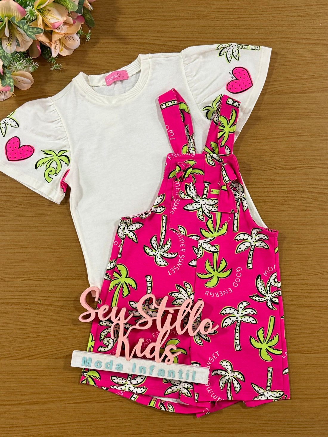 Jardineira Infantil Momi Verão Rosa Coqueiro com Blusa