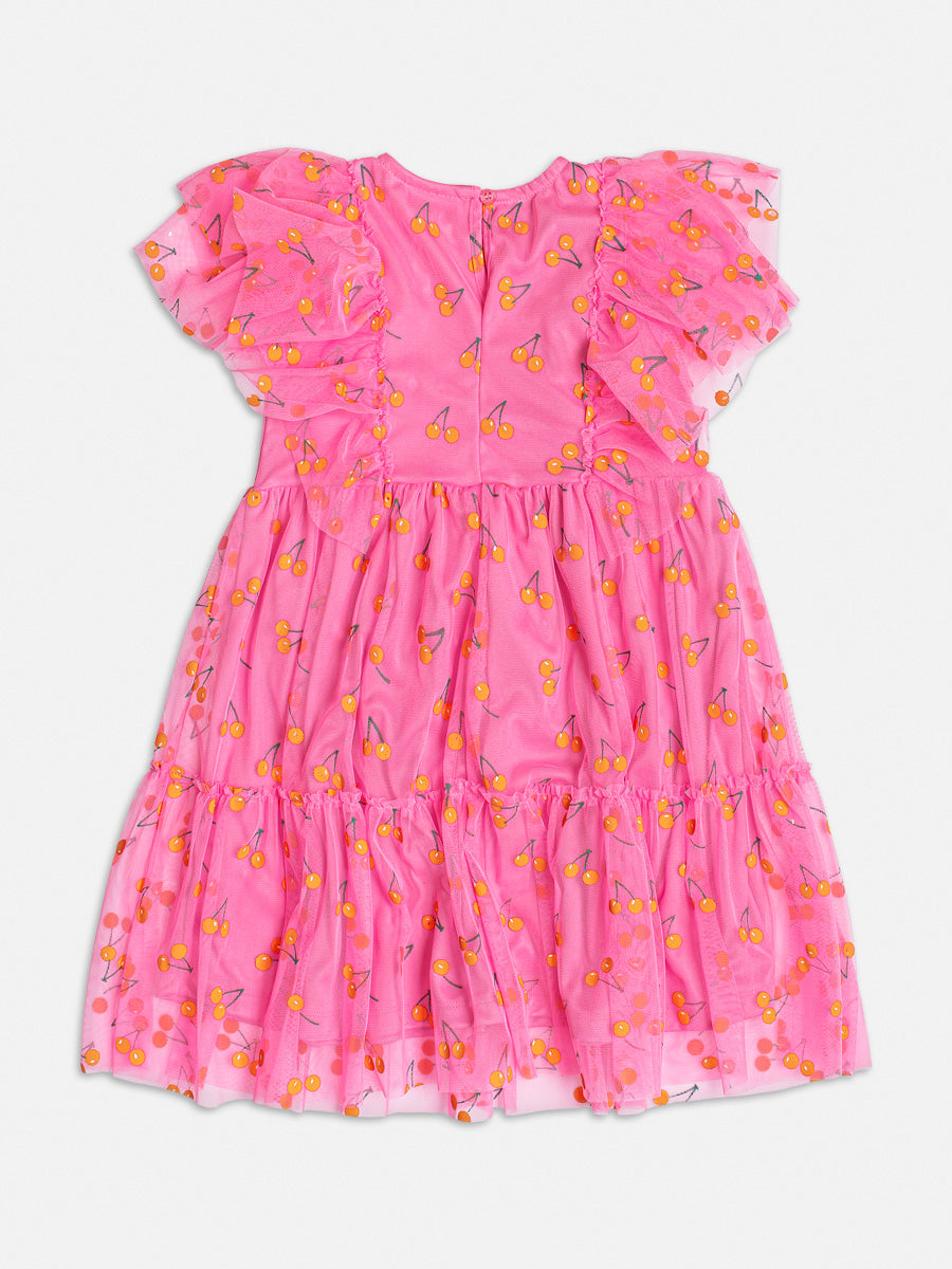 Vestido Infantil Momi Verão Rosa Tule Cereja