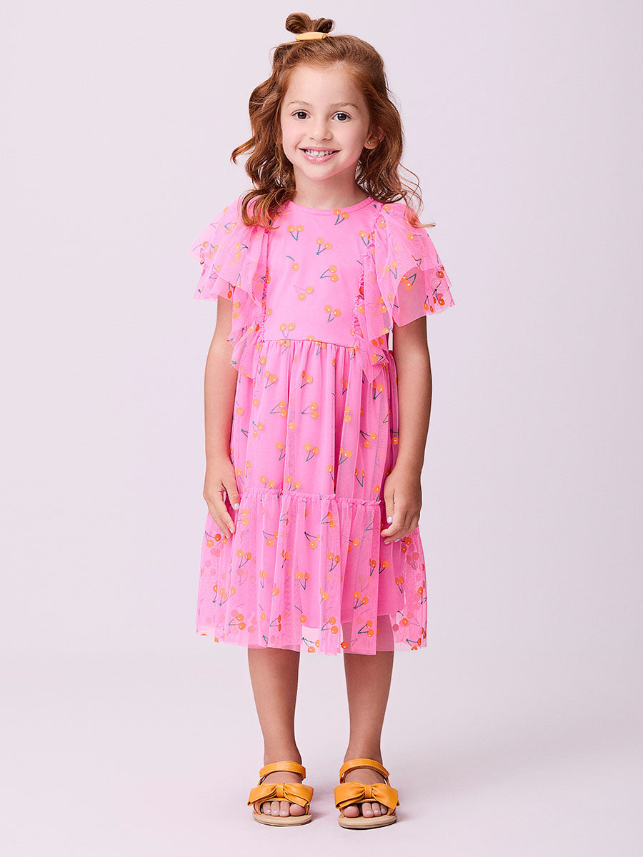 Vestido Infantil Momi Verão Rosa Tule Cereja