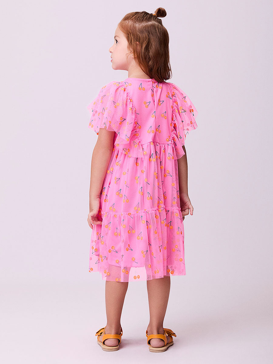 Vestido Infantil Momi Verão Rosa Tule Cereja