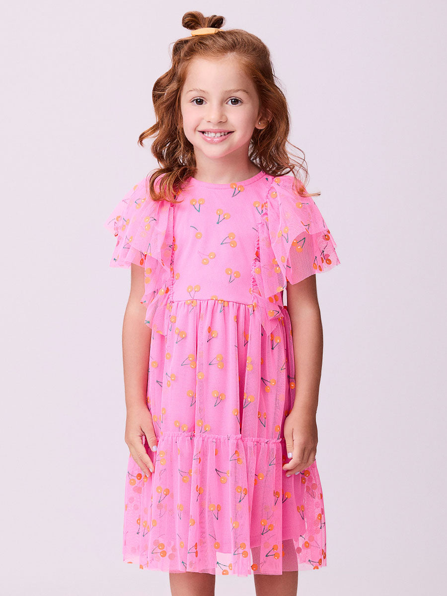 Vestido Infantil Momi Verão Rosa Tule Cereja