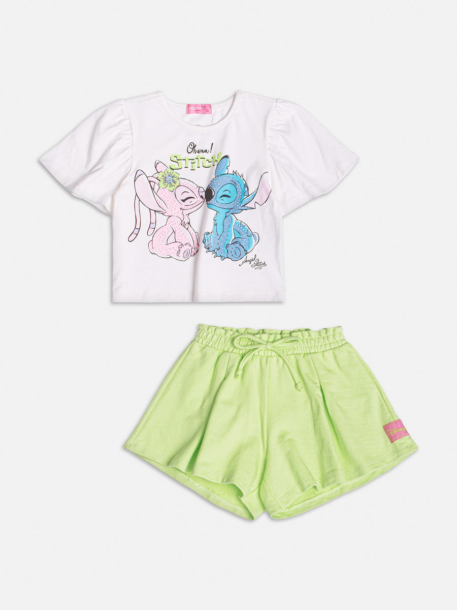 Conjunto Infantil Momi Verão Shorts Verde e Blusa Stitch