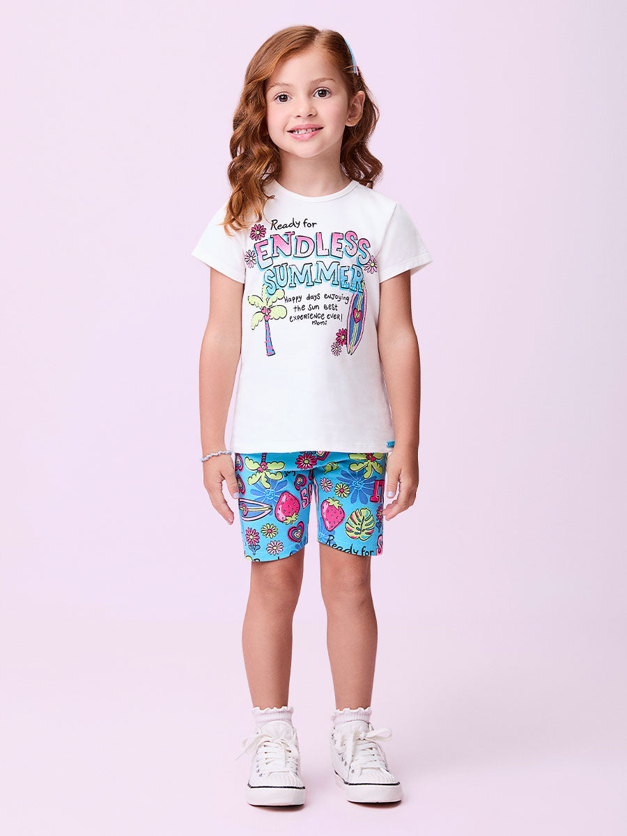 Conjunto Infantil Momi Verão Shorts Ciclista Azul e Blusa Summer