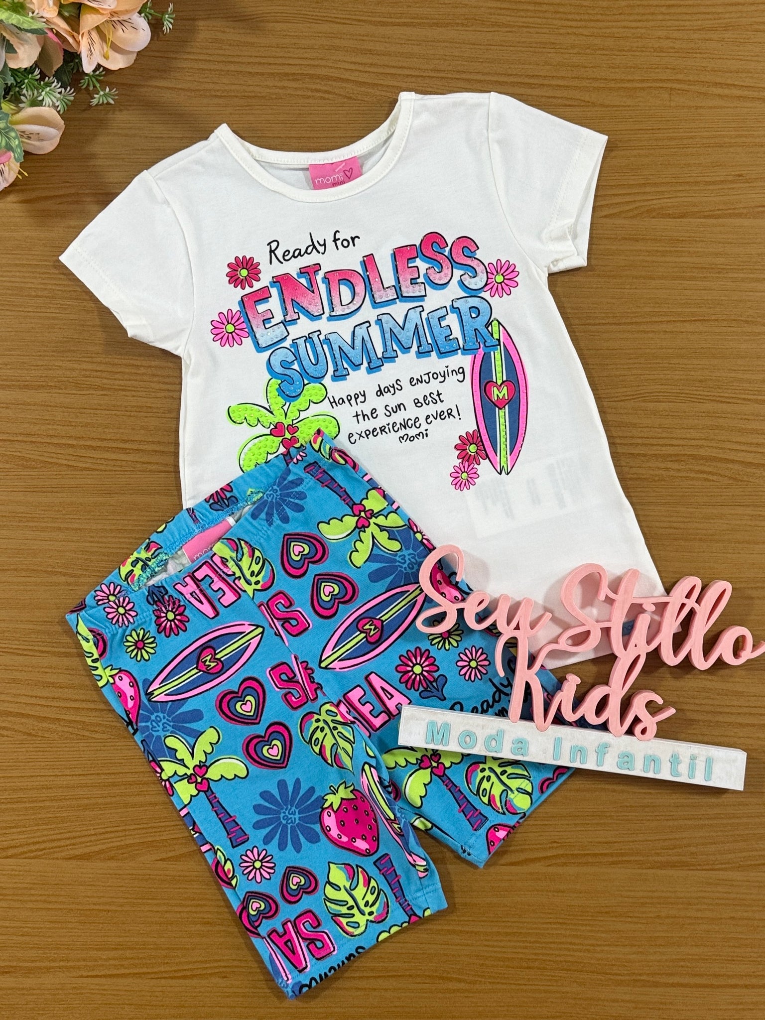 Conjunto Infantil Momi Verão Shorts Ciclista Azul e Blusa Summer
