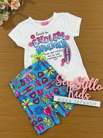 Conjunto Infantil Momi Verão Shorts Ciclista Azul e Blusa Summer