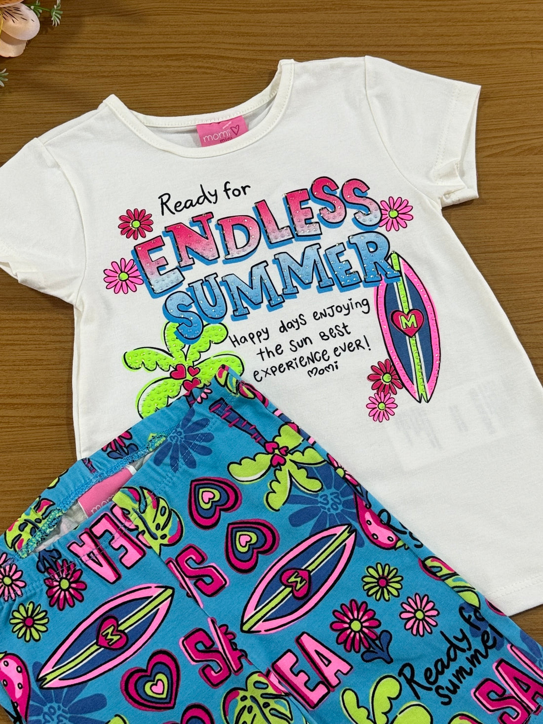 Conjunto Infantil Momi Verão Shorts Ciclista Azul e Blusa Summer