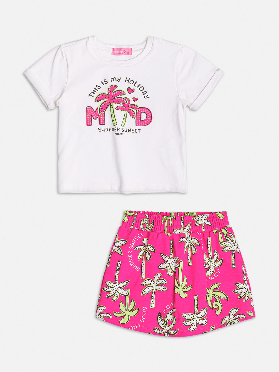 Conjunto Infantil Momi Verão Shorts Rosa Coqueiro e Blusa