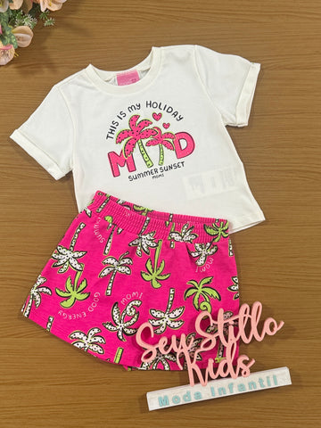 Conjunto Infantil Momi Verão Shorts Rosa Coqueiro e Blusa