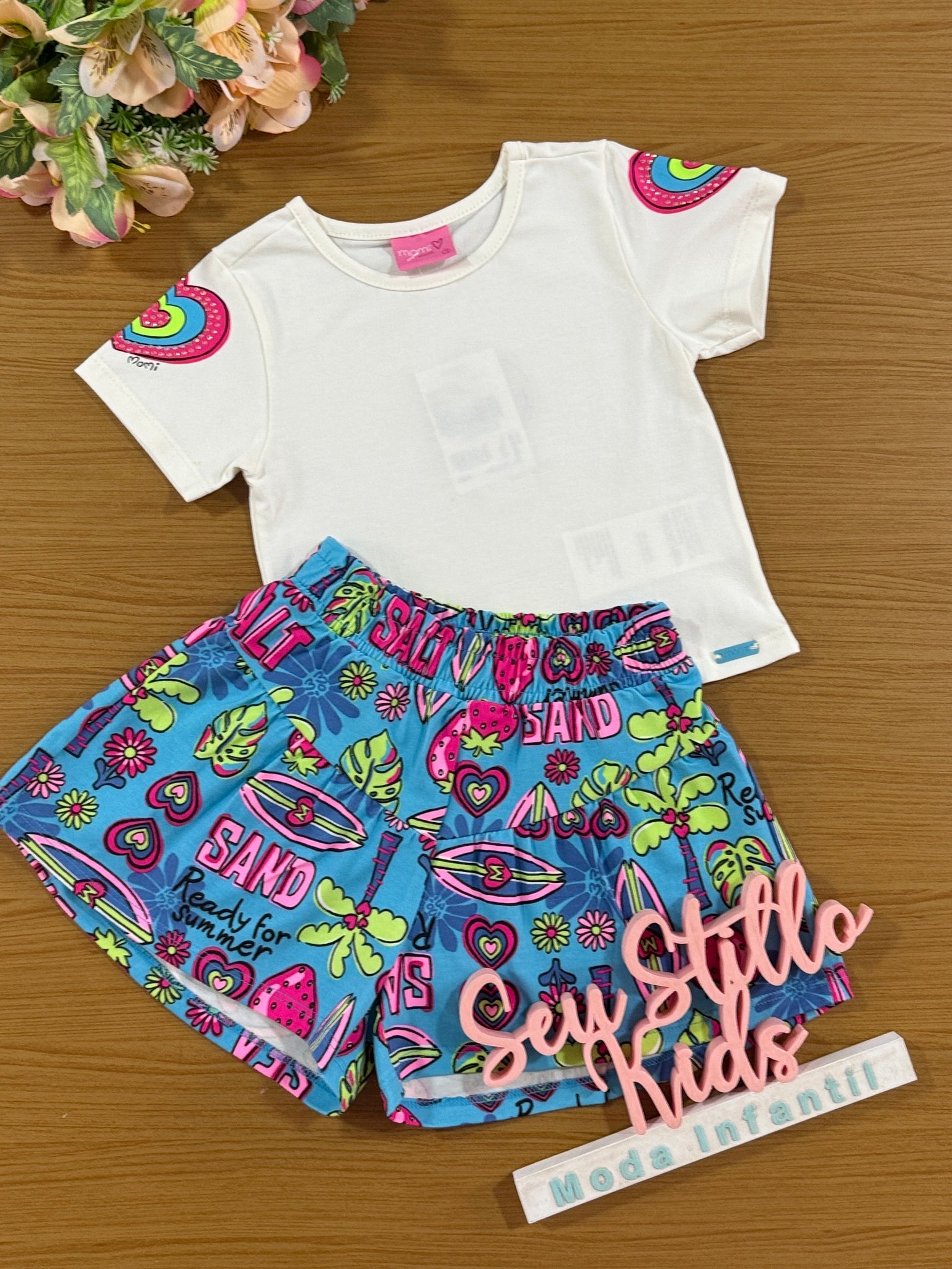 Conjunto Infantil Momi Verão Shorts Azul e Blusa Summer