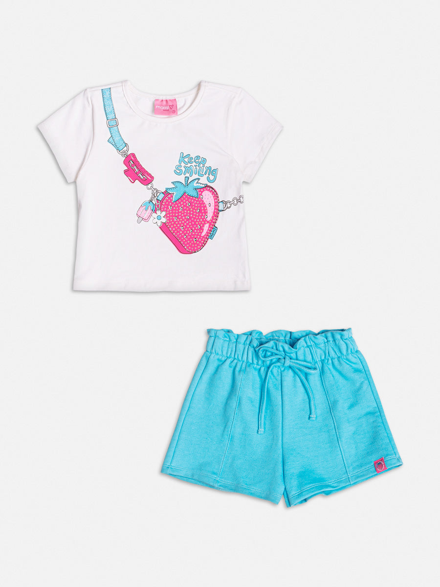 Conjunto Infantil Momi Verão Shorts Azul e Blusa Bolsinha 3D