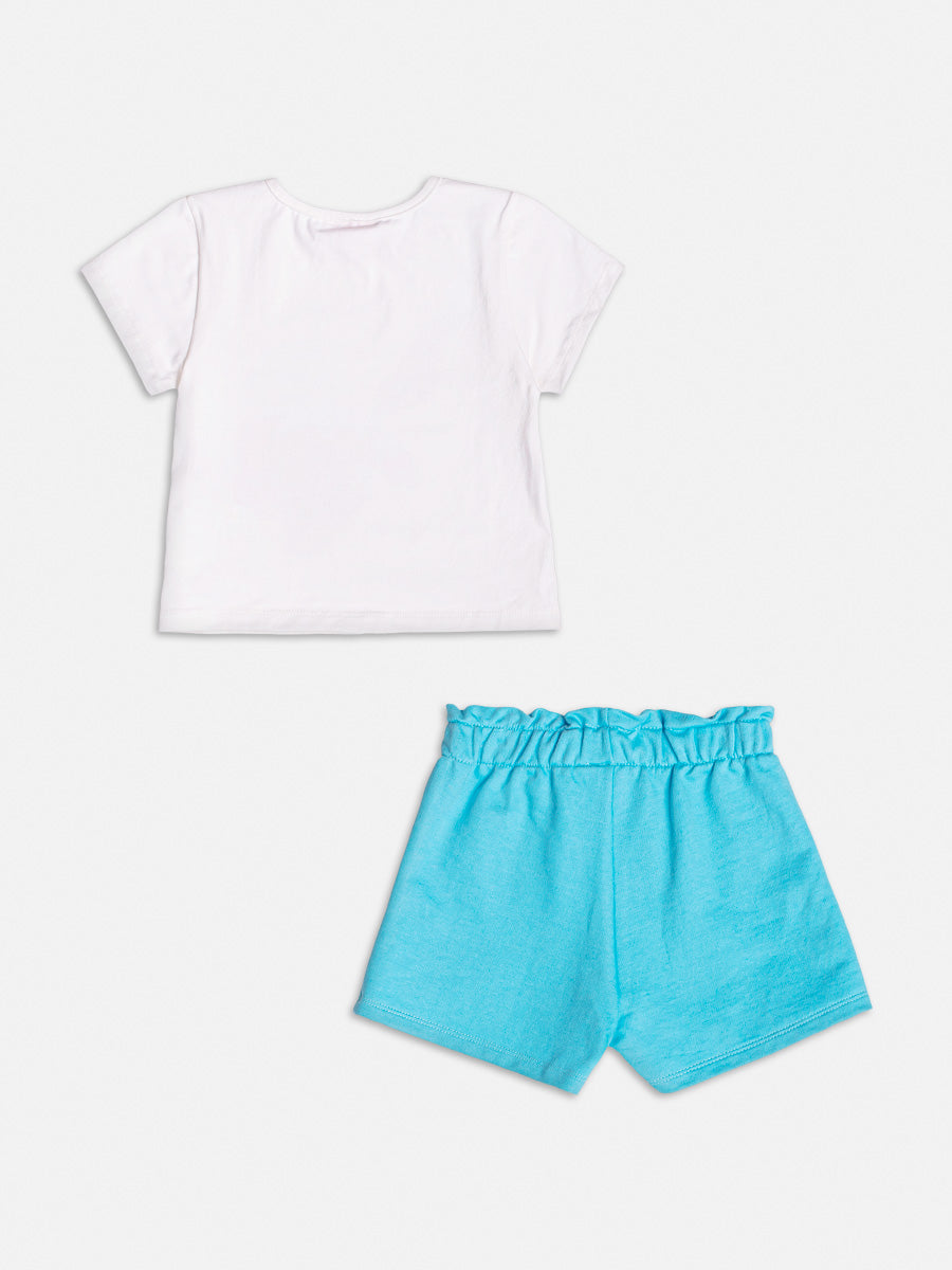 Conjunto Infantil Momi Verão Shorts Azul e Blusa Bolsinha 3D