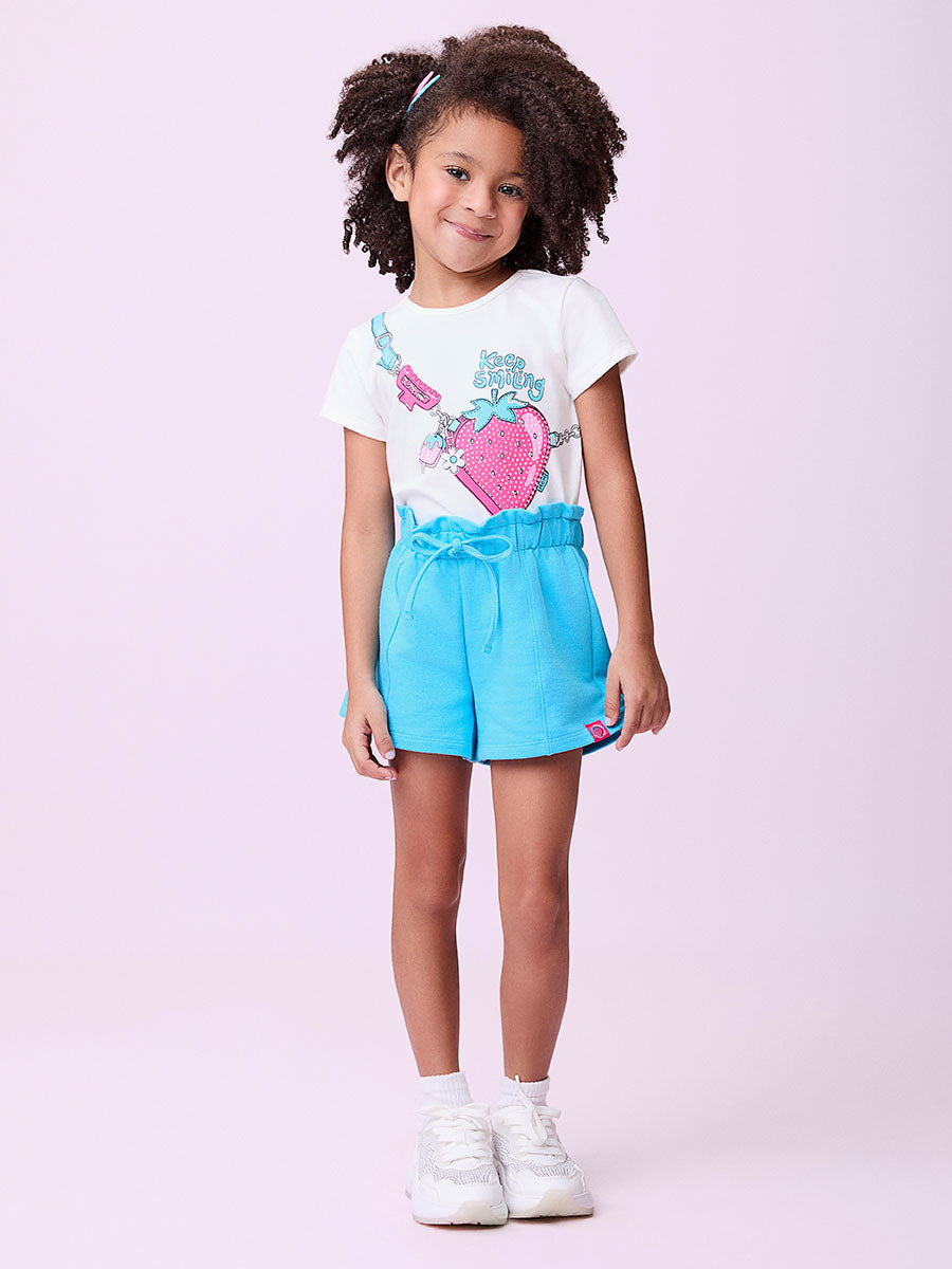 Conjunto Infantil Momi Verão Shorts Azul e Blusa Bolsinha 3D