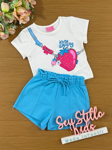 Conjunto Infantil Momi Verão Shorts Azul e Blusa Bolsinha 3D
