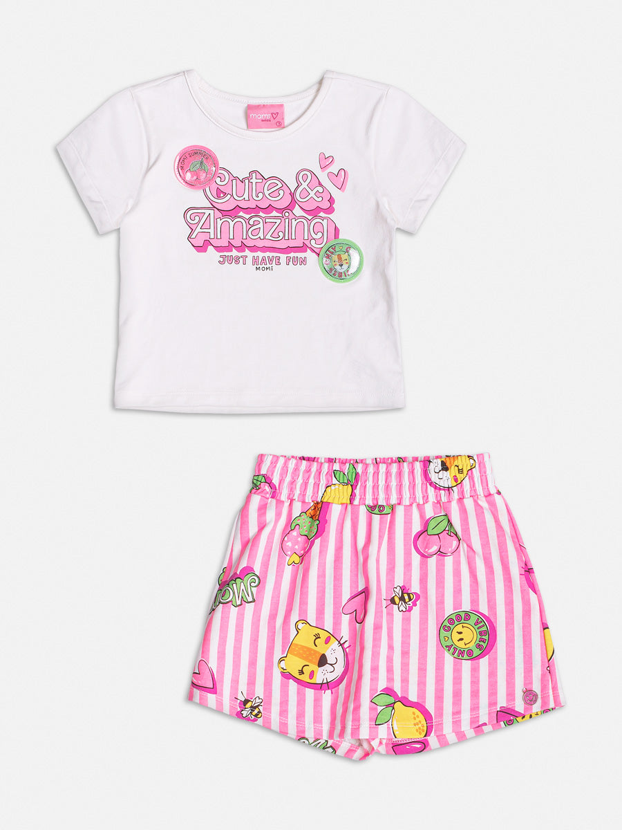 Conjunto Infantil Momi Verão Com Shorts Saia Listrada Rosa e Blusa Amazing
