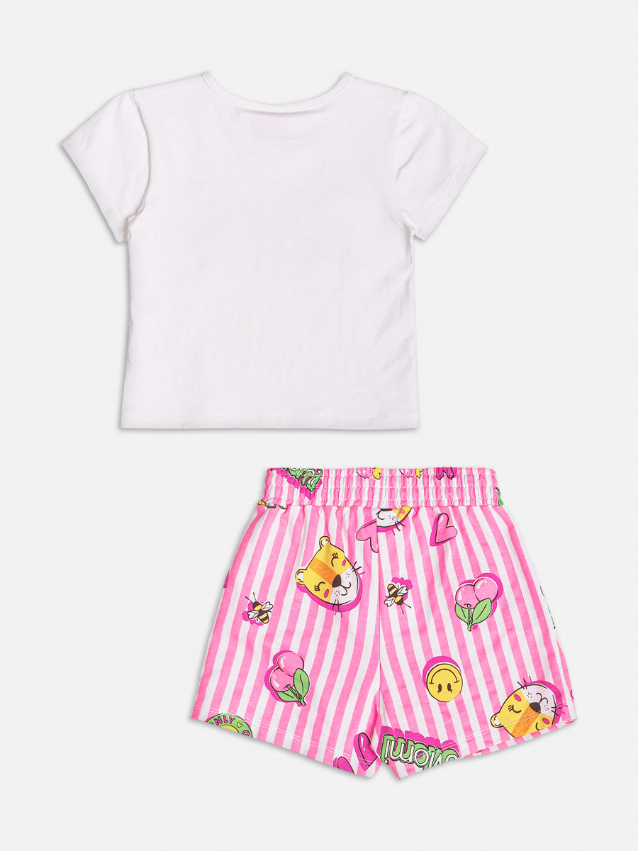 Conjunto Infantil Momi Verão Com Shorts Saia Listrada Rosa e Blusa Amazing