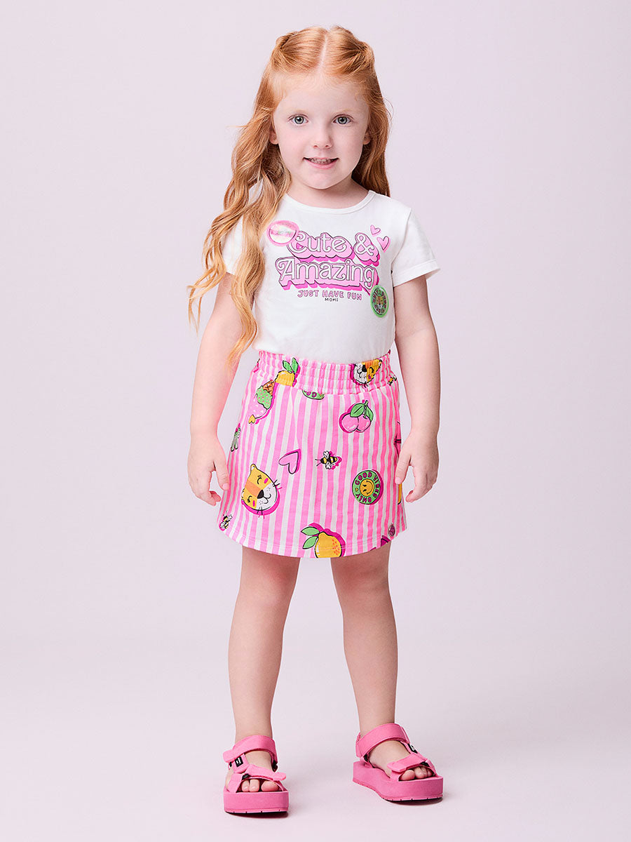 Conjunto Infantil Momi Verão Com Shorts Saia Listrada Rosa e Blusa Amazing