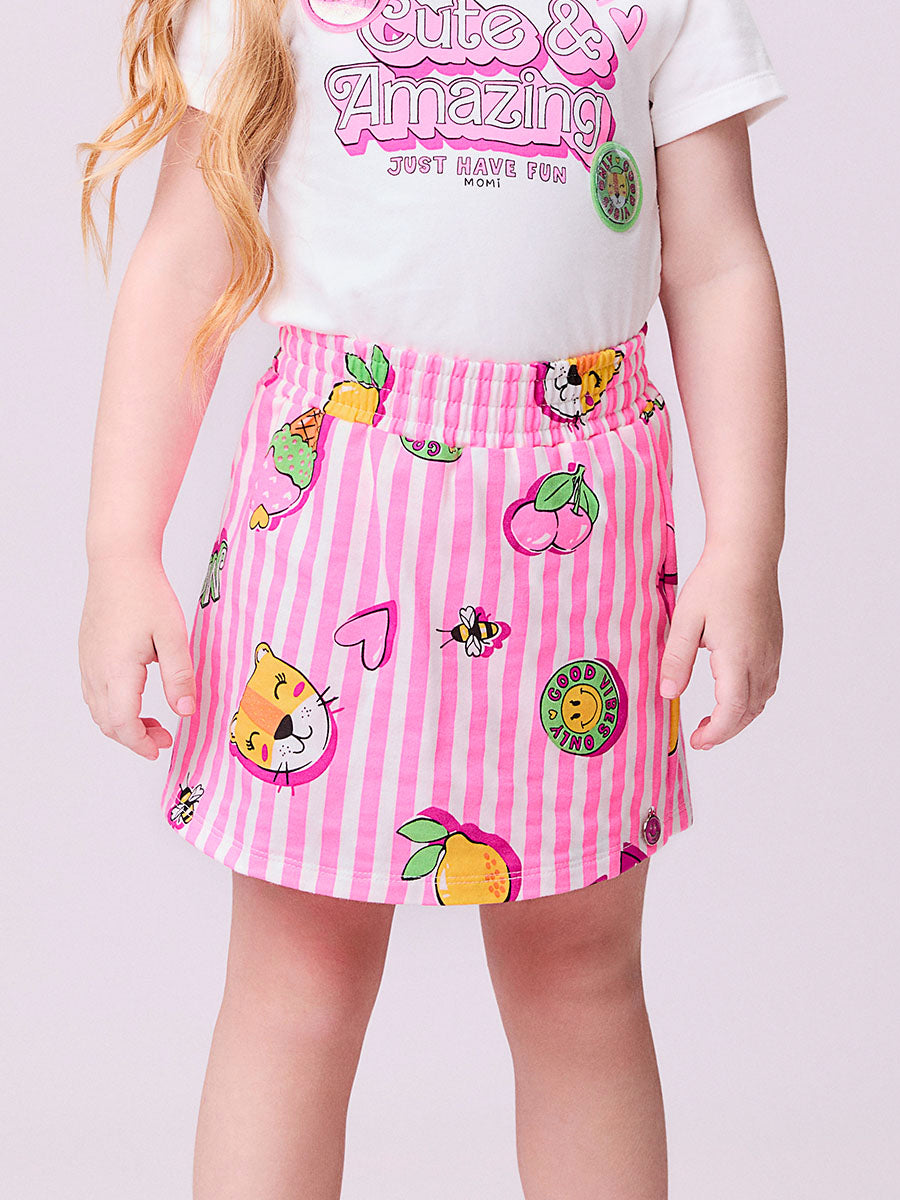 Conjunto Infantil Momi Verão Com Shorts Saia Listrada Rosa e Blusa Amazing