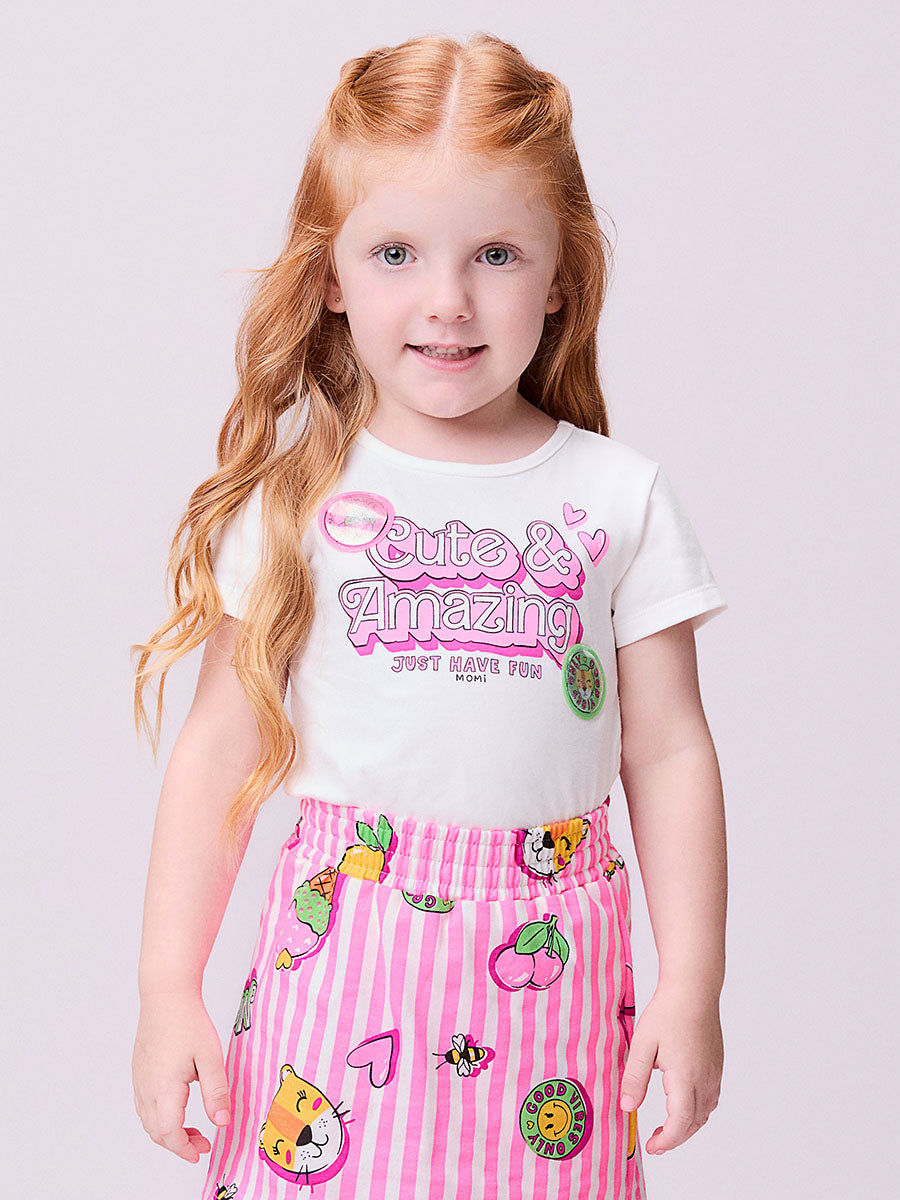 Conjunto Infantil Momi Verão Com Shorts Saia Listrada Rosa e Blusa Amazing