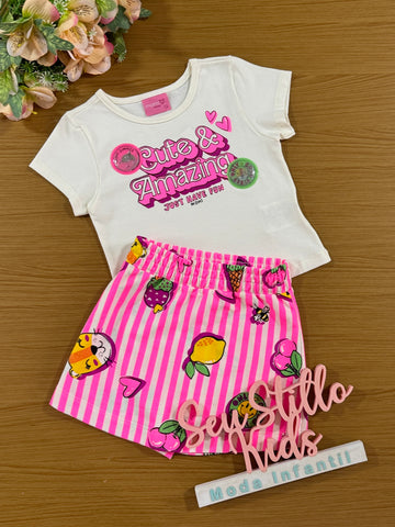 Conjunto Infantil Momi Verão Com Shorts Saia Listrada Rosa e Blusa Amazing