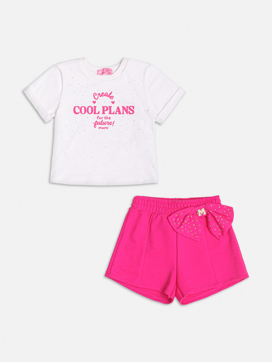 Conjunto Infantil Momi Verão Shorts Rosa Laço e Blusa Brilho