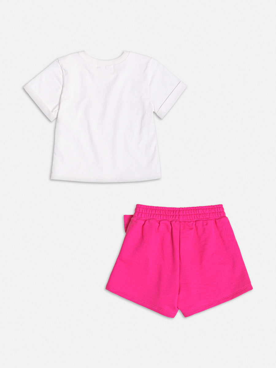Conjunto Infantil Momi Verão Shorts Rosa Laço e Blusa Brilho