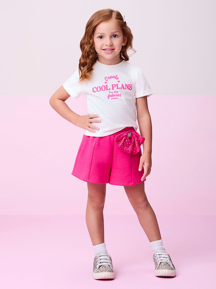 Conjunto Infantil Momi Verão Shorts Rosa Laço e Blusa Brilho