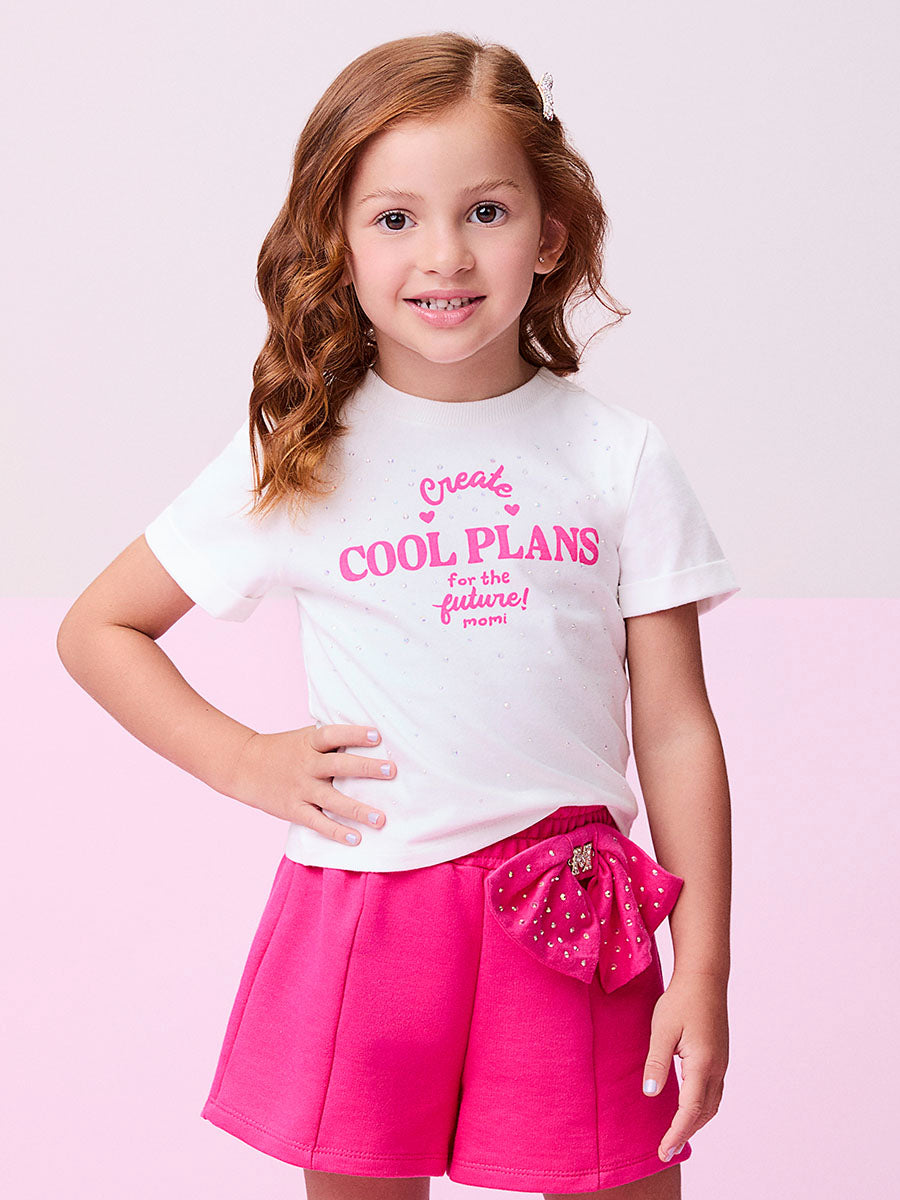 Conjunto Infantil Momi Verão Shorts Rosa Laço e Blusa Brilho