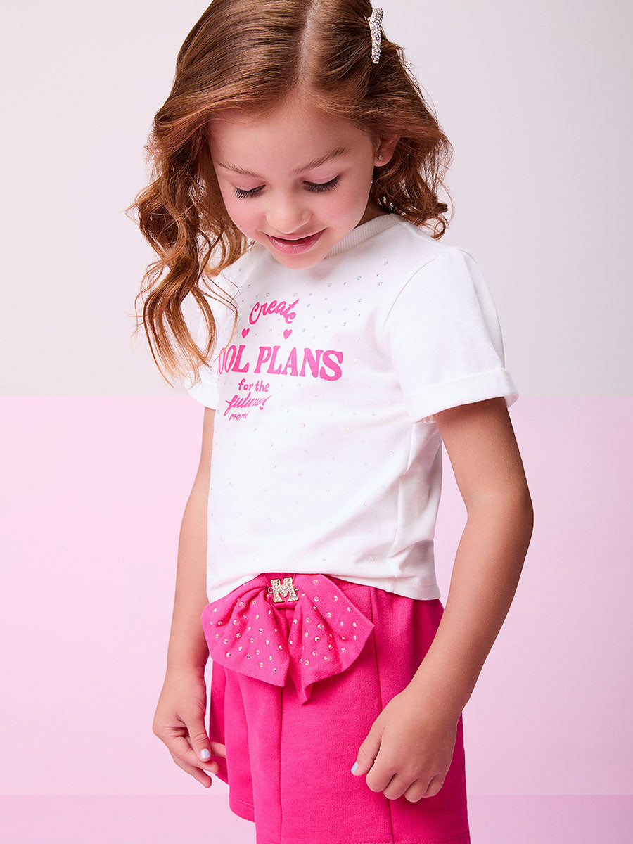 Conjunto Infantil Momi Verão Shorts Rosa Laço e Blusa Brilho