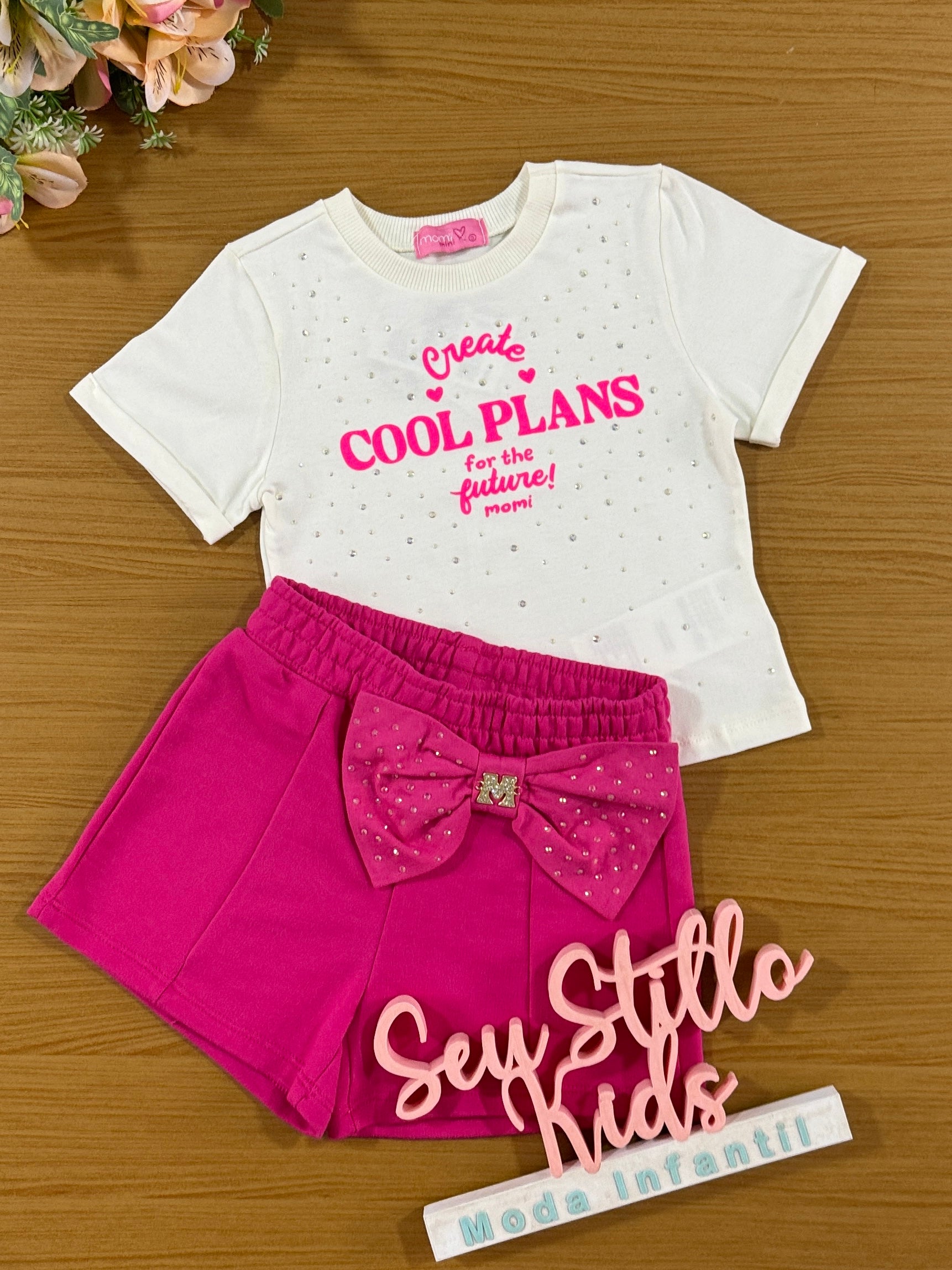 Conjunto Infantil Momi Verão Shorts Rosa Laço e Blusa Brilho