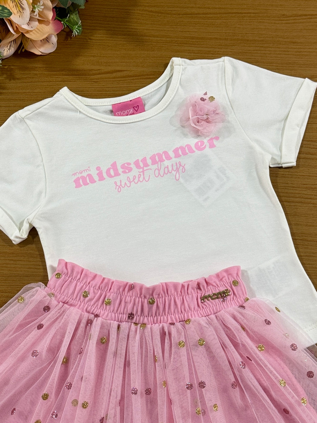 Conjunto Infantil Momi Saia Tule Rosa Blusa Summer