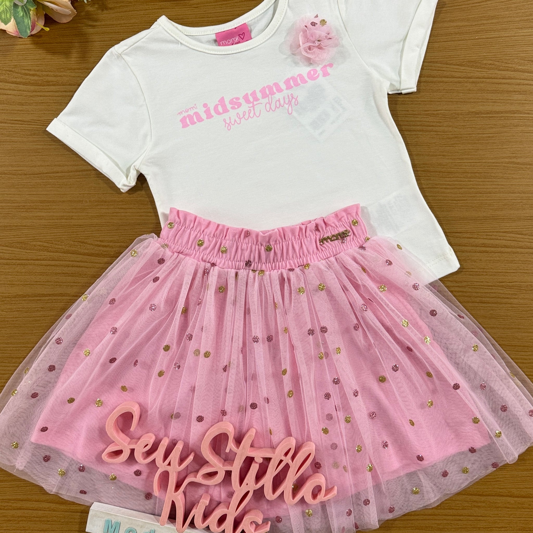 Conjunto Infantil Momi Saia Tule Rosa Blusa Summer