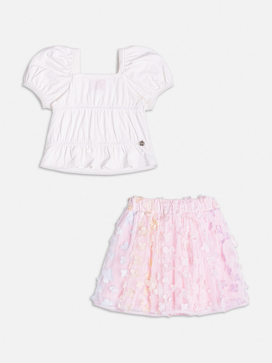 Conjunto Infantil Momi Verão Saia Rosa Tule e Blusa Off