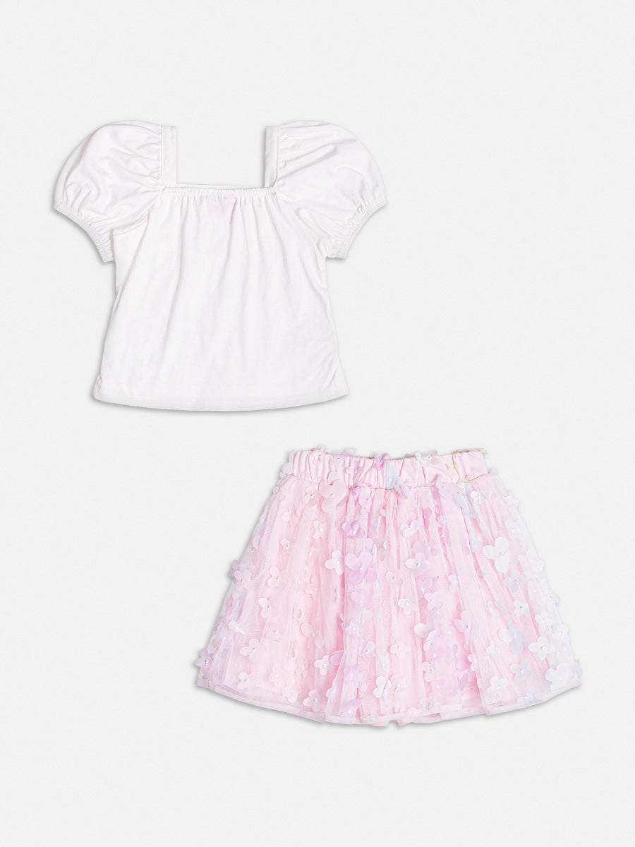 Conjunto Infantil Momi Verão Saia Rosa Tule e Blusa Off