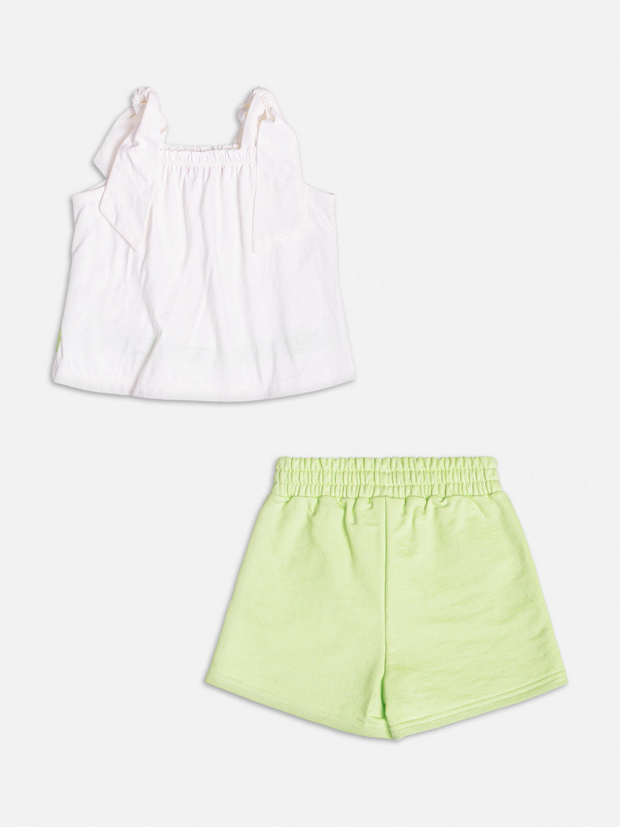 Conjunto Infantil Momi Verão Shorts Saia Verde e Blusa Off Bordada