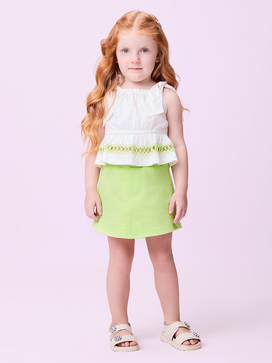 Conjunto Infantil Momi Verão Shorts Saia Verde e Blusa Off Bordada