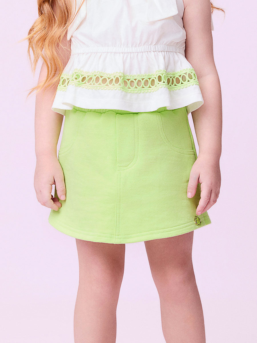 Conjunto Infantil Momi Verão Shorts Saia Verde e Blusa Off Bordada